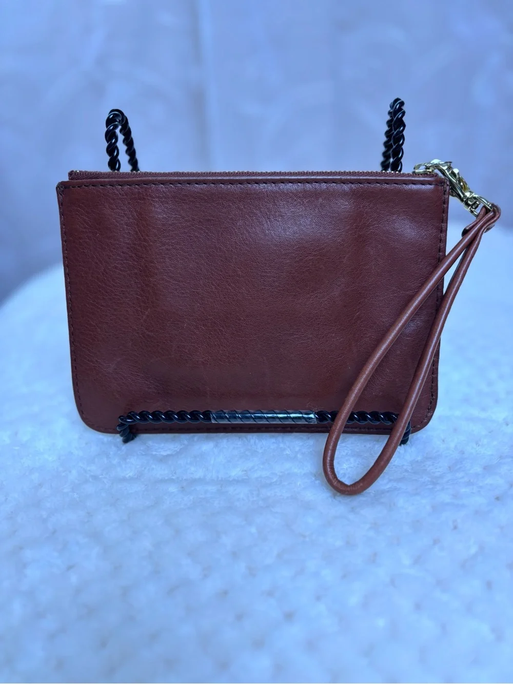 Fossil Tan Leather Wristlet With Silver Metallic Gusset Detail